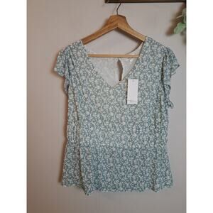 Nwt Women's Blue & White Floral Blouse Short Ruffle Sleeve Size L